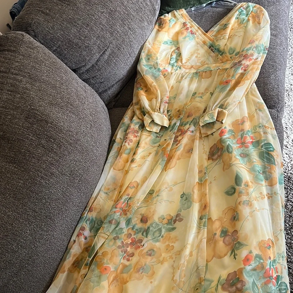 Vintage 70s Chiffon Yellow Floral Floor Length Dress Sz 14 By Union Made - Picture 13 of 16